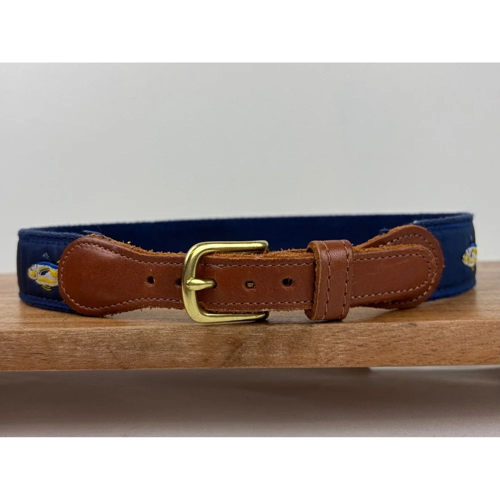 Preston Belt 24 Navy Blue Tuna‎ Fish Embroidered Nautical Preppy Canvas Leather